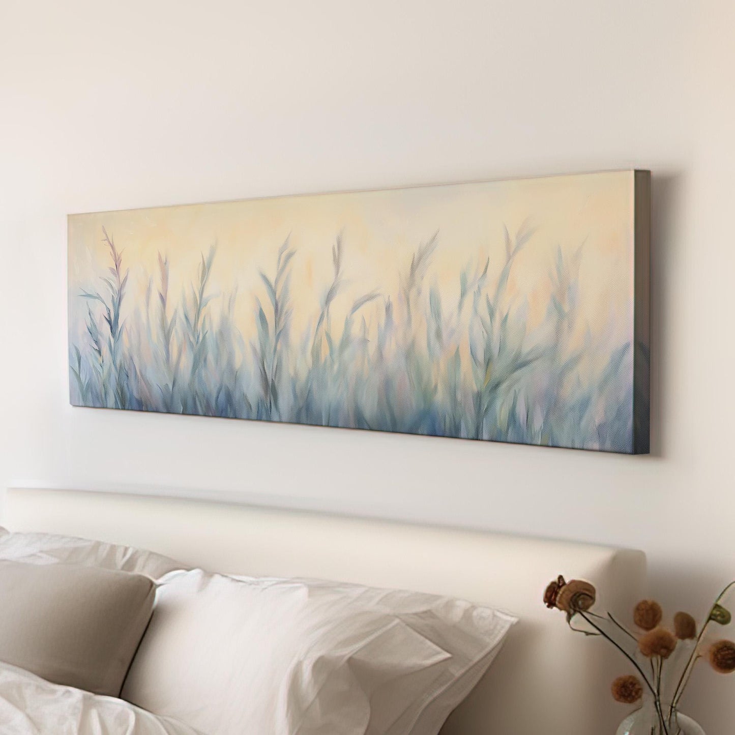 Pastel Tall Grass Panoramic Art Above Bed, Canvas Minimal Painting Wall Art Print, Floral Decor Canvas Art