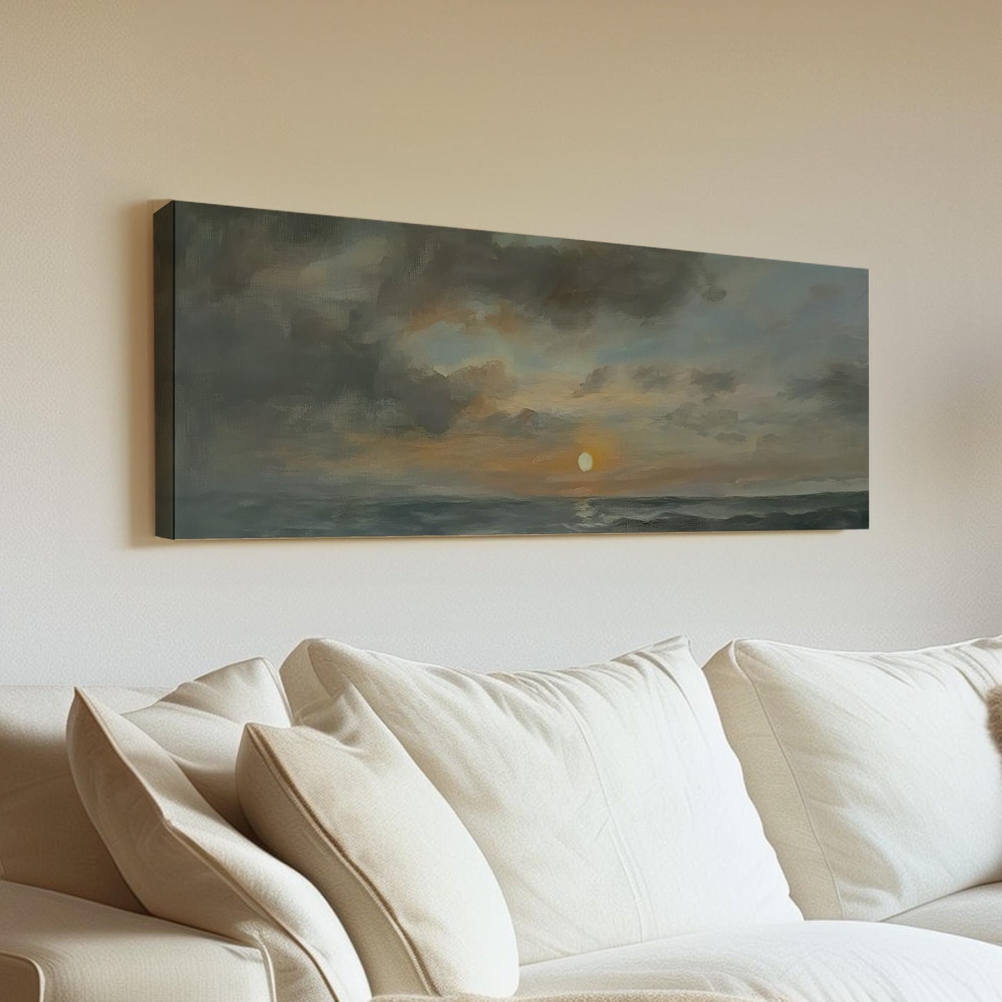 Ocean Sunset Panoramic Art For Living Room, Canvas Boat House Wall Art Print, Nautical Decor Canvas Art