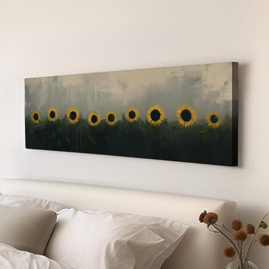 Moody Sunflower Field Panoramic Art For Guestroom, Canvas Cottagecore Wall Art Print, Minimal Farmhouse Decor Canvas Art