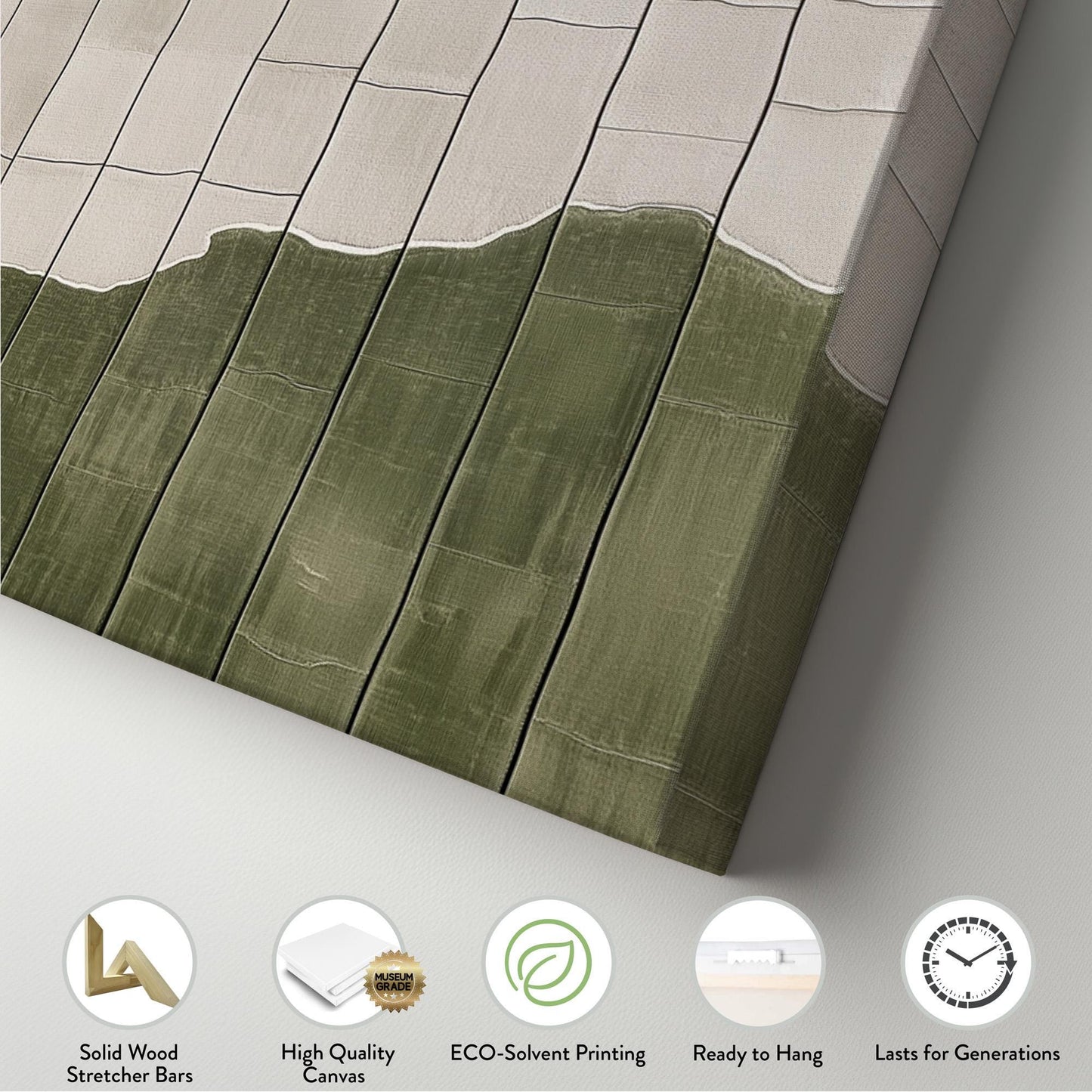 Moss Green Tile Inspired Panoramic Art Above Bed, Canvas Green and Cream Wall Art Print, Scandi Boho Decor Canvas Art