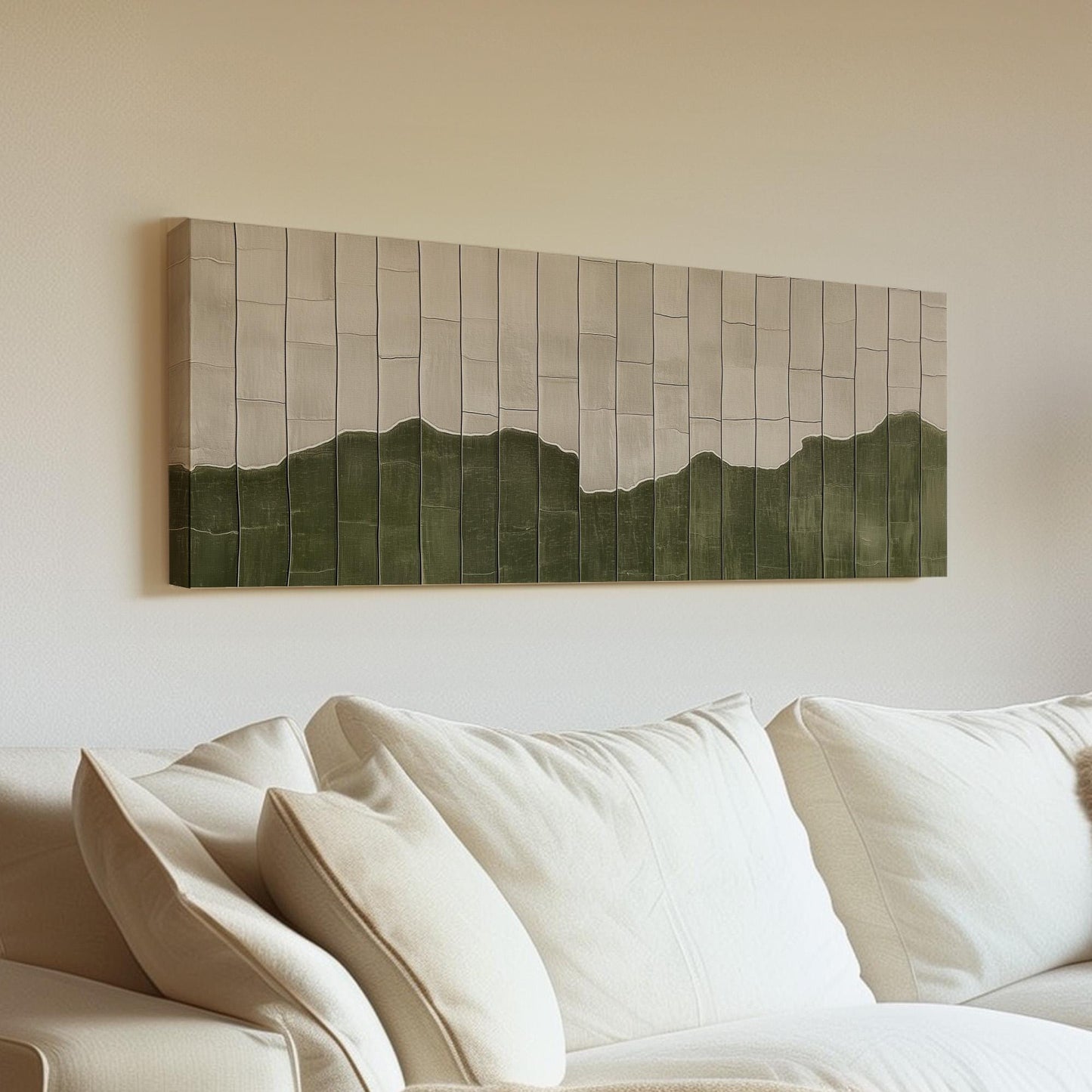 Moss Green Tile Inspired Panoramic Art Above Bed, Canvas Green and Cream Wall Art Print, Scandi Boho Decor Canvas Art