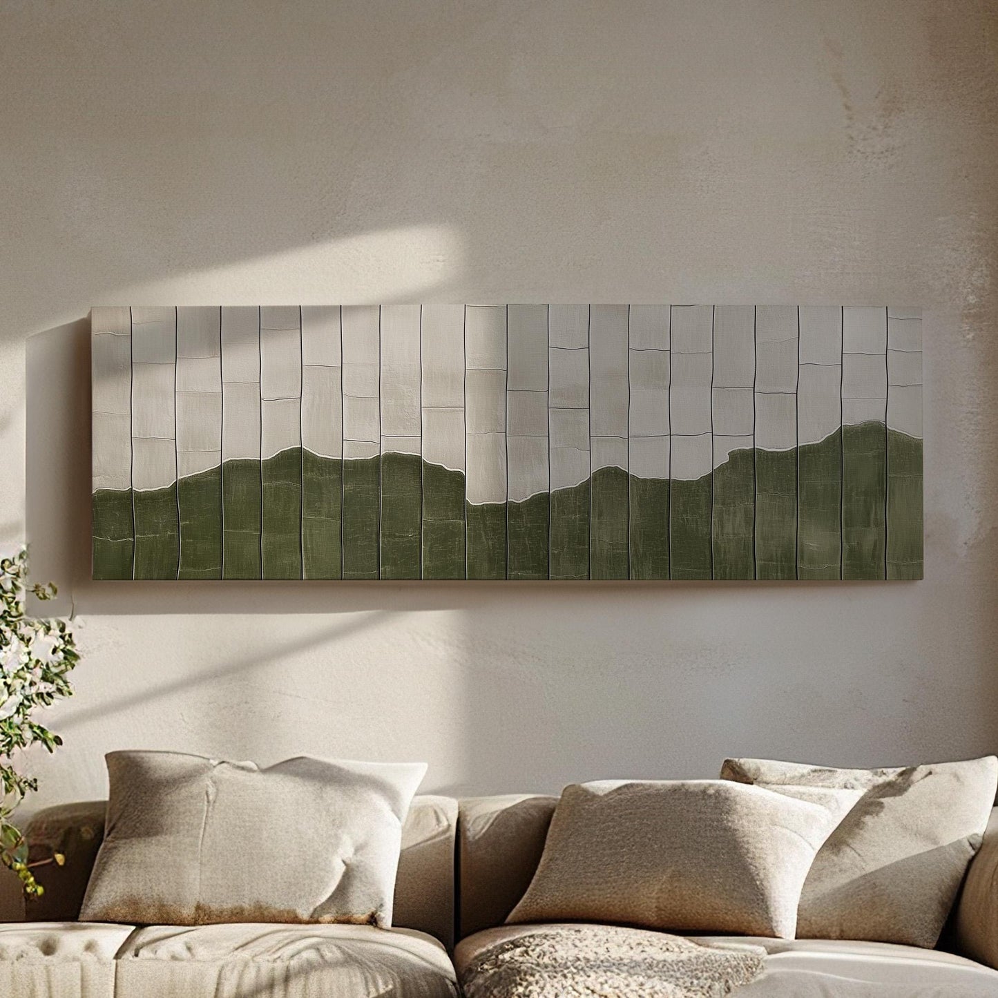 Moss Green Tile Inspired Panoramic Art Above Bed, Canvas Green and Cream Wall Art Print, Scandi Boho Decor Canvas Art