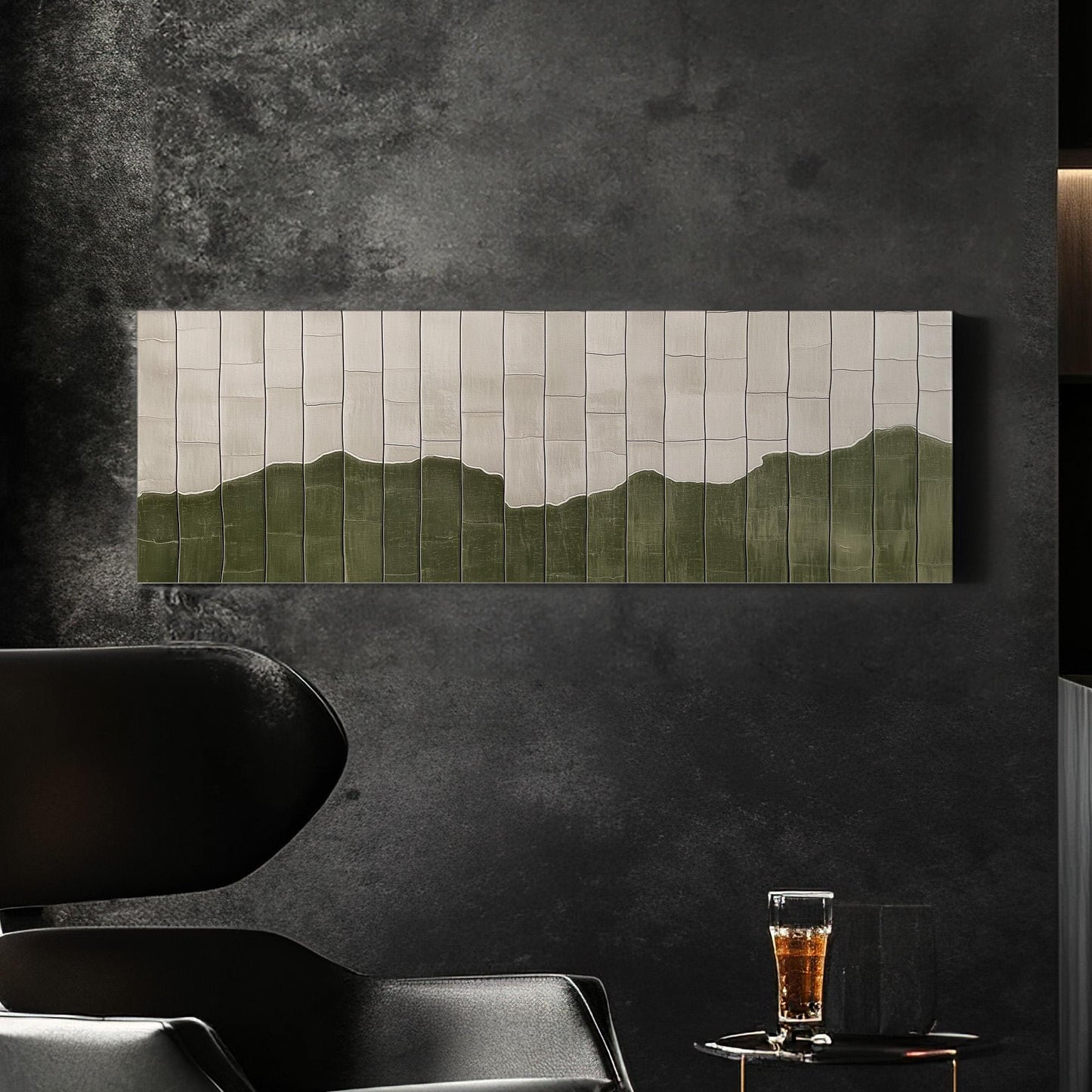 Moss Green Tile Inspired Panoramic Art Above Bed, Canvas Green and Cream Wall Art Print, Scandi Boho Decor Canvas Art