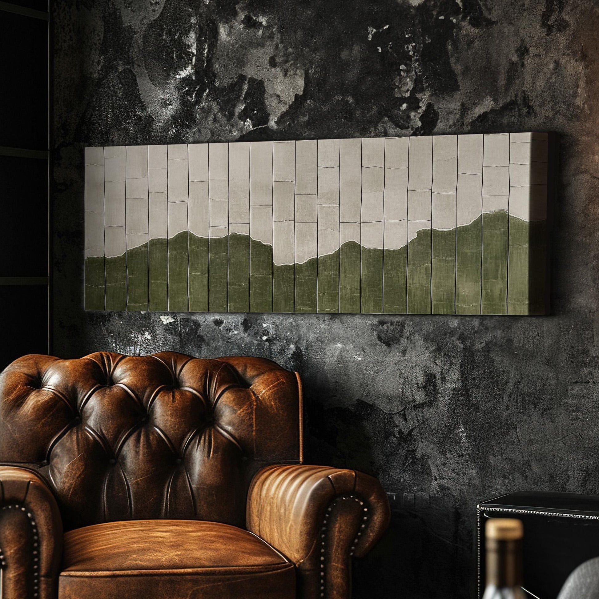 Moss Green Tile Inspired Panoramic Art Above Bed, Canvas Green and Cream Wall Art Print, Scandi Boho Decor Canvas Art