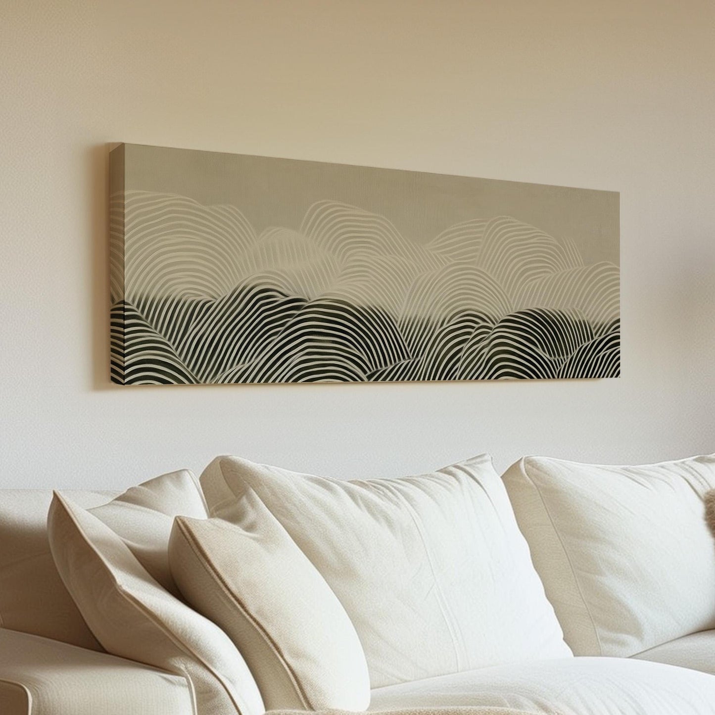 Neutral Line Landscape Panoramic Art Above Bed, Canvas Wavy Abstract Wall Art Print, Soft Earth Tones Decor Canvas Art