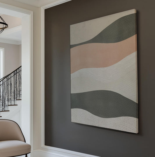 Blush Horizons Wall Art For Living Room, Vertical Soft Flowing Waves Canvas Print, Muted Waves Decor Canvas Art