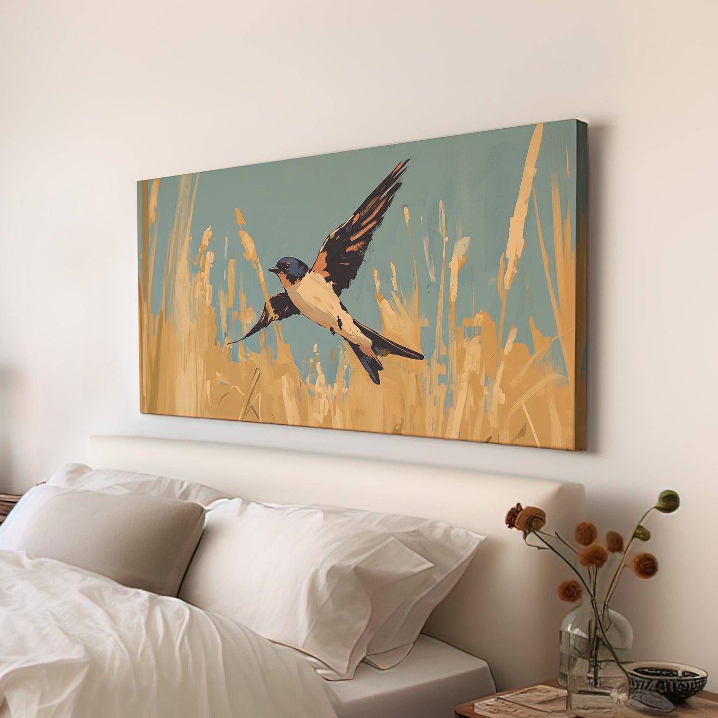 Flying Swallow Wall Art For Living Room, Horizontal Farmhouse Canvas Print, Yellow Tall Grass Decor Canvas Art