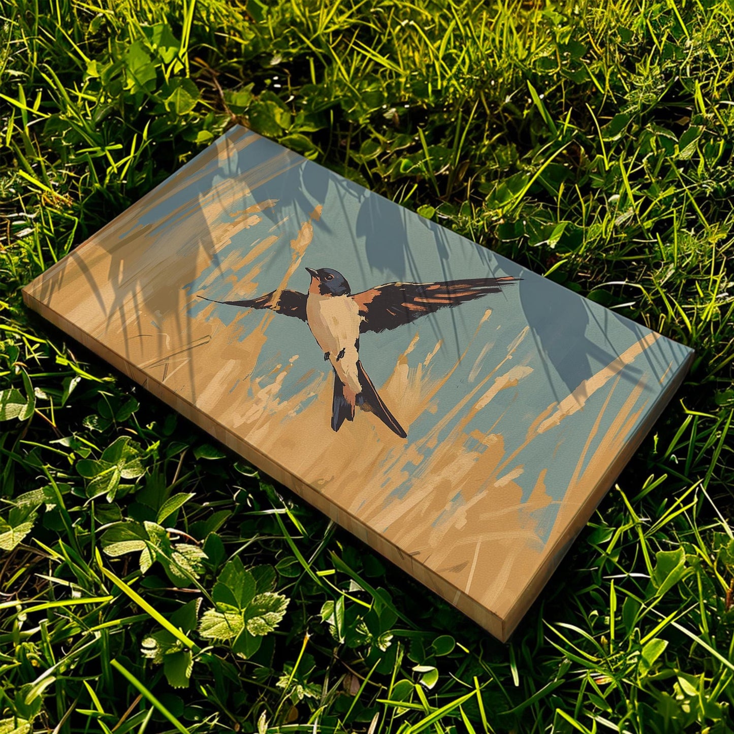 Flying Swallow Wall Art For Living Room, Horizontal Farmhouse Canvas Print, Yellow Tall Grass Decor Canvas Art