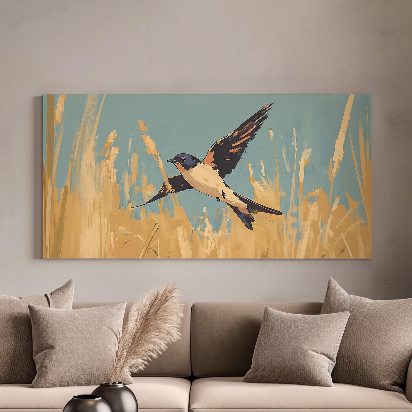 Flying Swallow Wall Art For Living Room, Horizontal Farmhouse Canvas Print, Yellow Tall Grass Decor Canvas Art