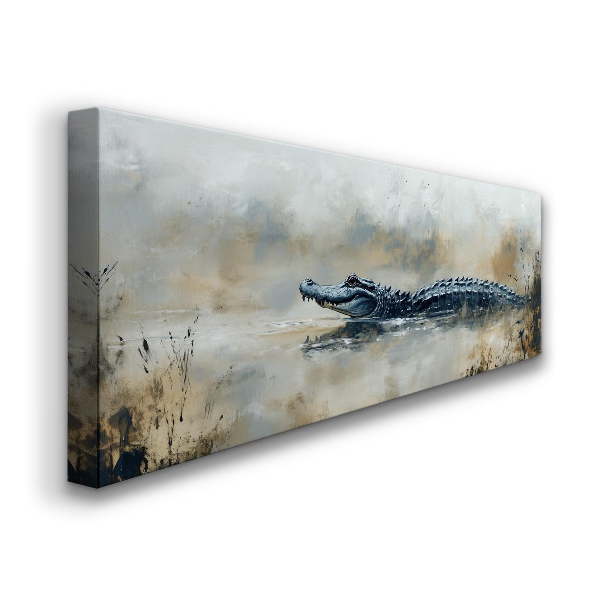 Alligator In The Mud Panoramic Art For Living Room, Canvas Florida Art Wall Art Print, Minimal Wildlife Decor Canvas Art