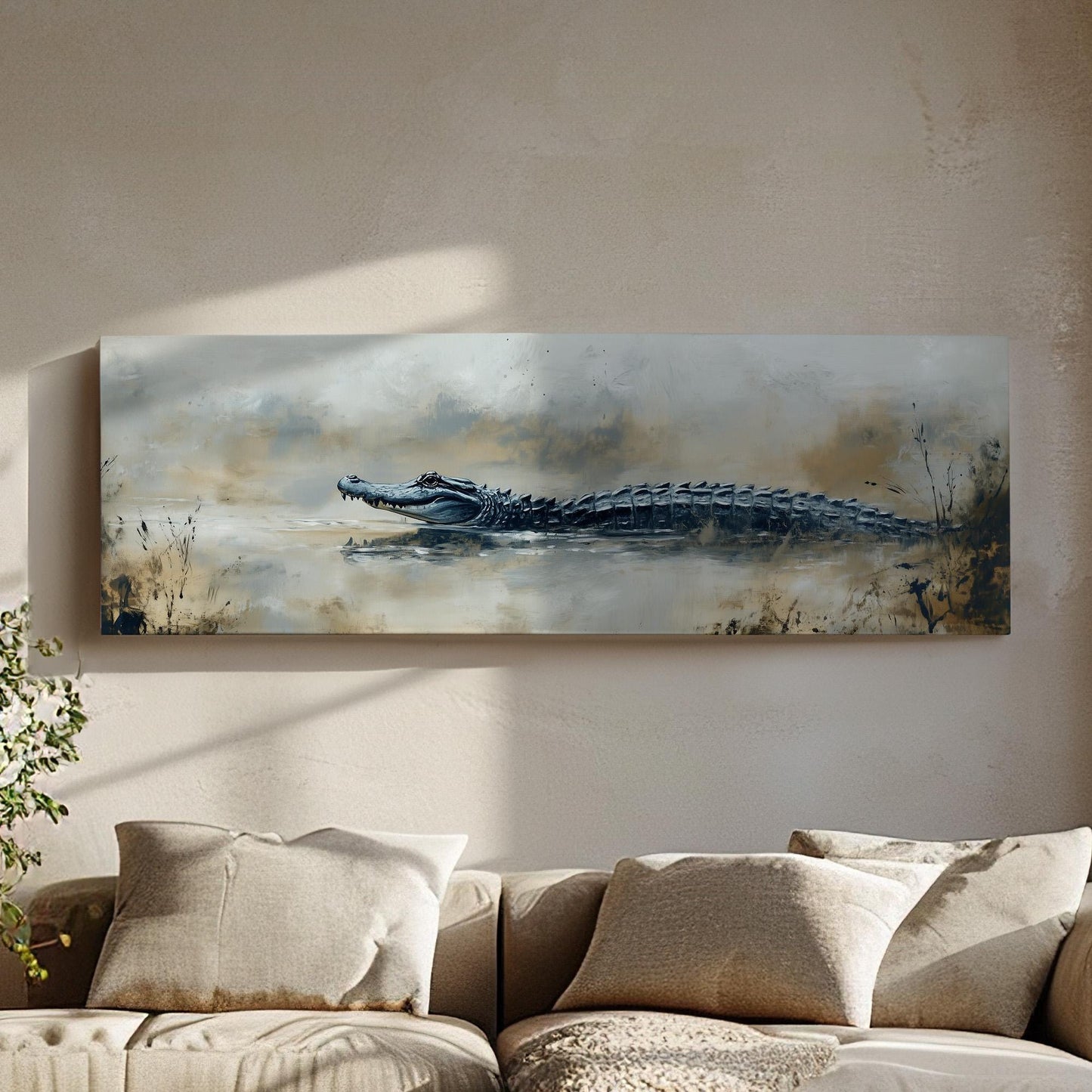 Alligator In The Mud Panoramic Art For Living Room, Canvas Florida Art Wall Art Print, Minimal Wildlife Decor Canvas Art