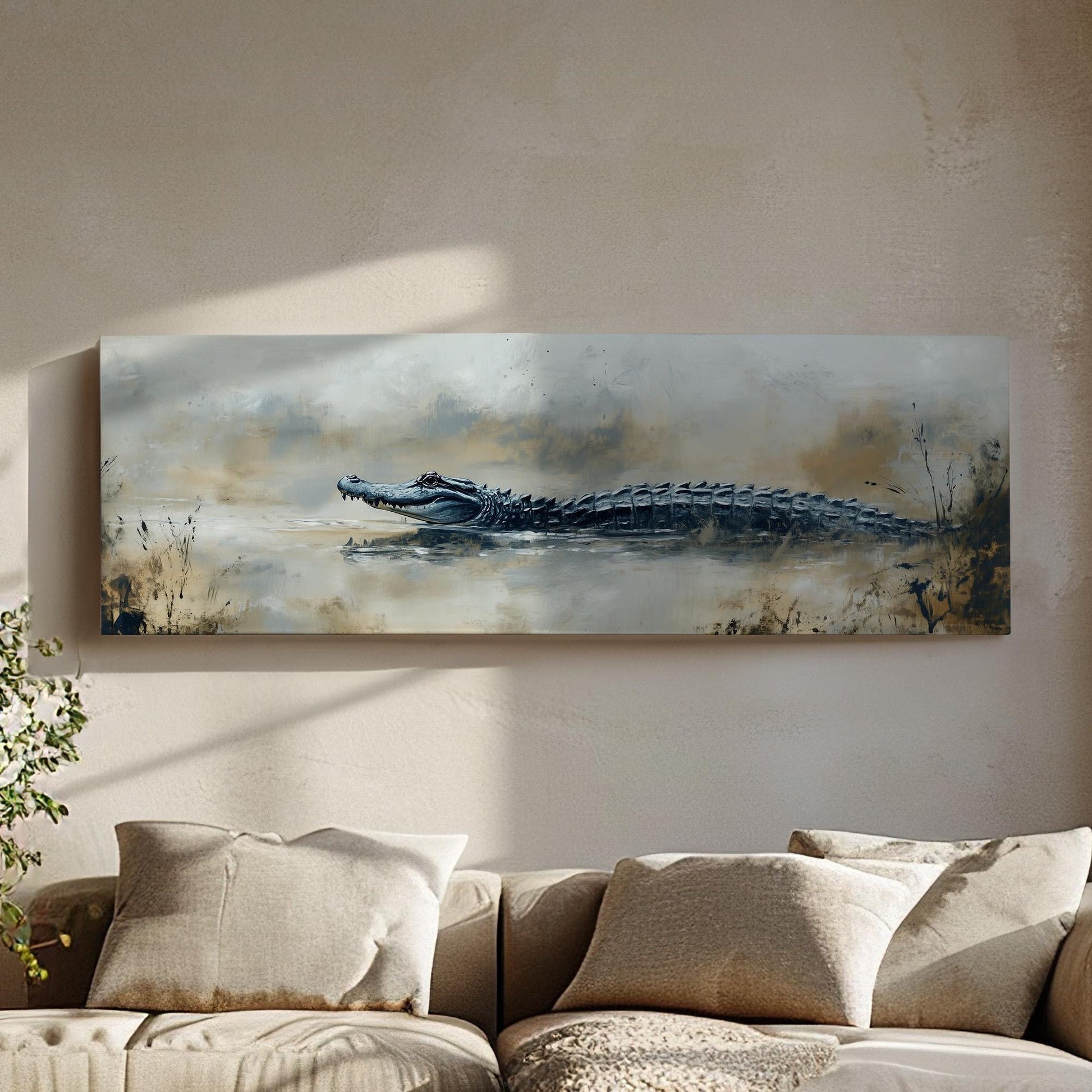 Alligator In The Mud Panoramic Art For Living Room, Canvas Florida Art Wall Art Print, Minimal Wildlife Decor Canvas Art