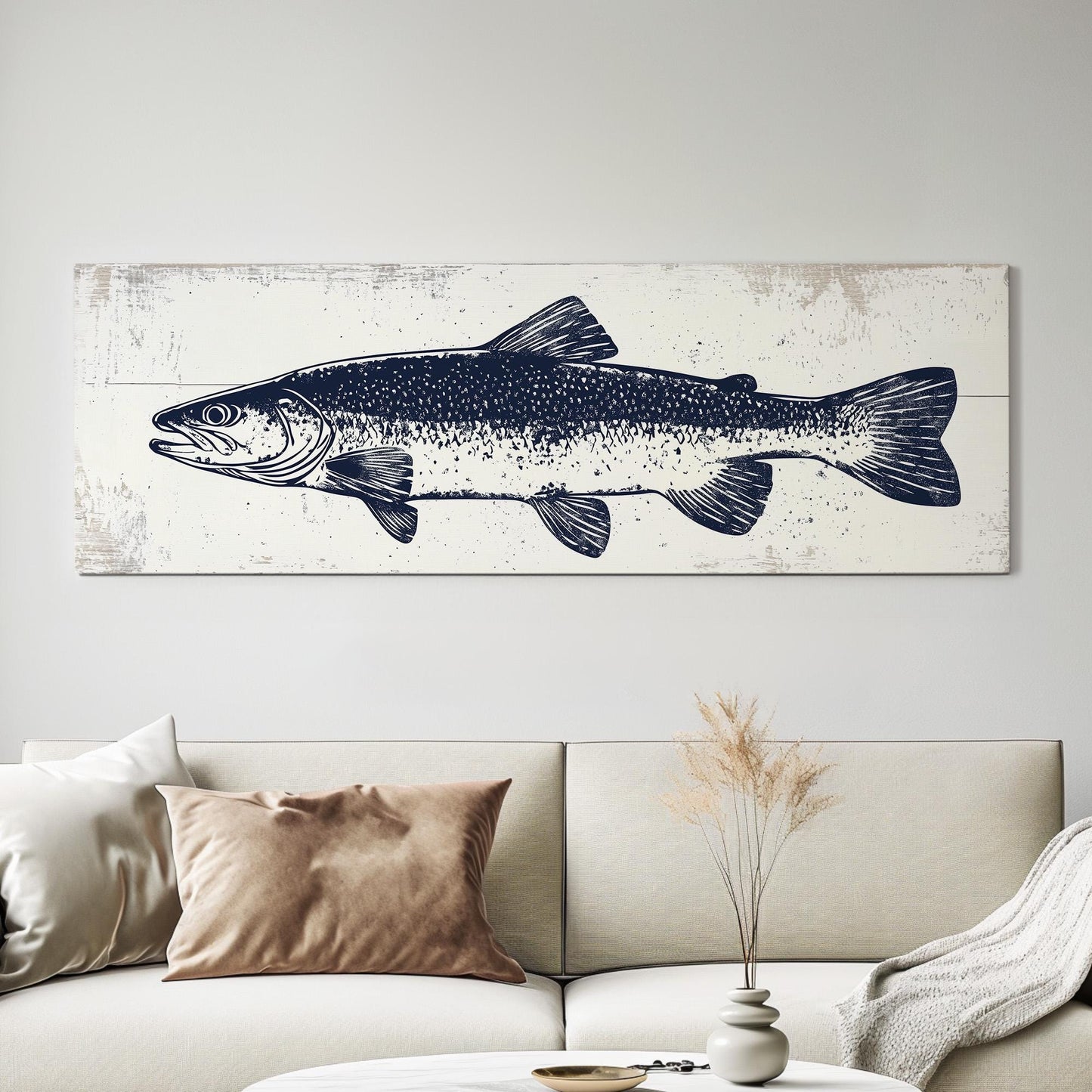 Navy Trout Panoramic Art For Living Guestroom, Canvas Fishing Shack Wall Art Print, Lake House Decor Canvas Art