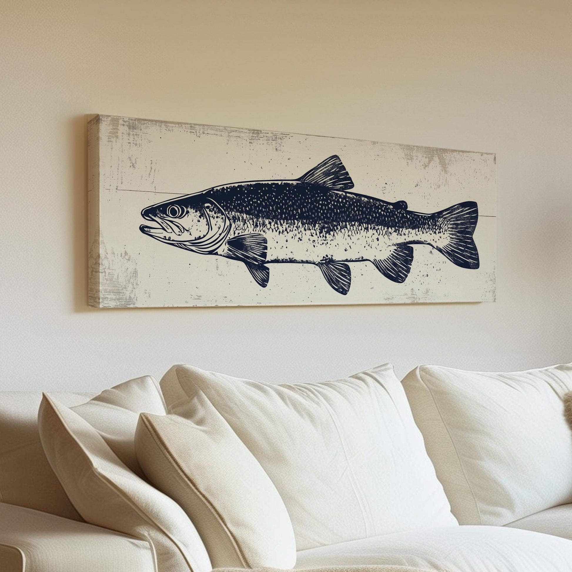 Navy Trout Panoramic Art For Living Guestroom, Canvas Fishing Shack Wall Art Print, Lake House Decor Canvas Art