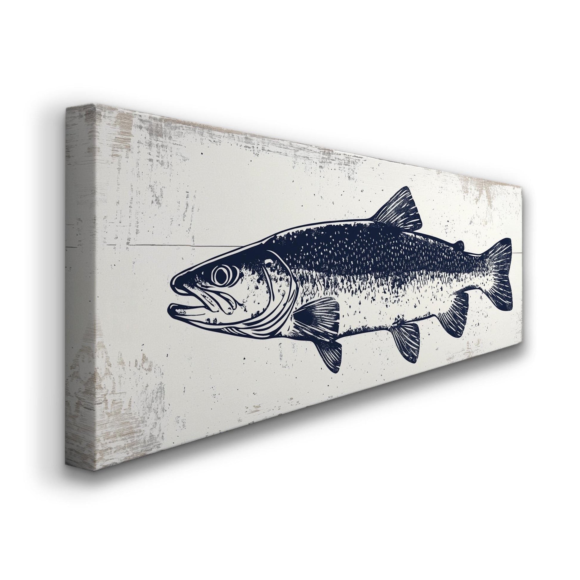 Navy Trout Panoramic Art For Living Guestroom, Canvas Fishing Shack Wall Art Print, Lake House Decor Canvas Art