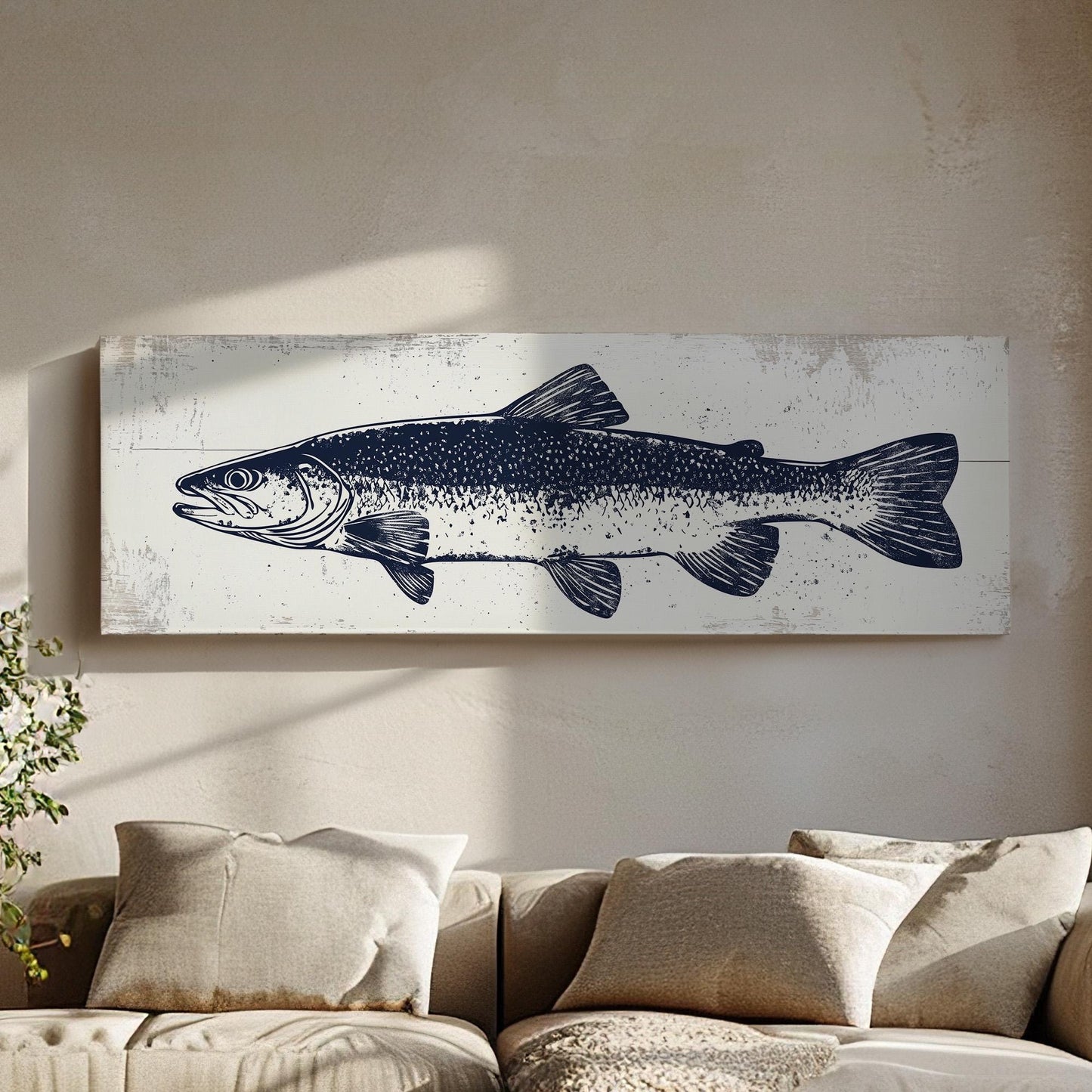 Navy Trout Panoramic Art For Living Guestroom, Canvas Fishing Shack Wall Art Print, Lake House Decor Canvas Art