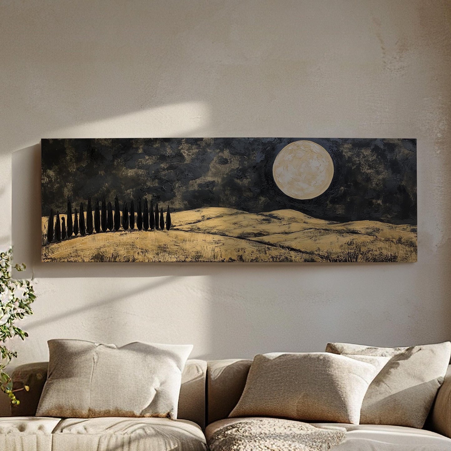 Gold Tuscany Fields Panoramic Art Above Bed, Canvas Mediterranean Wall Art Print, Black and Gold Decor Canvas Art