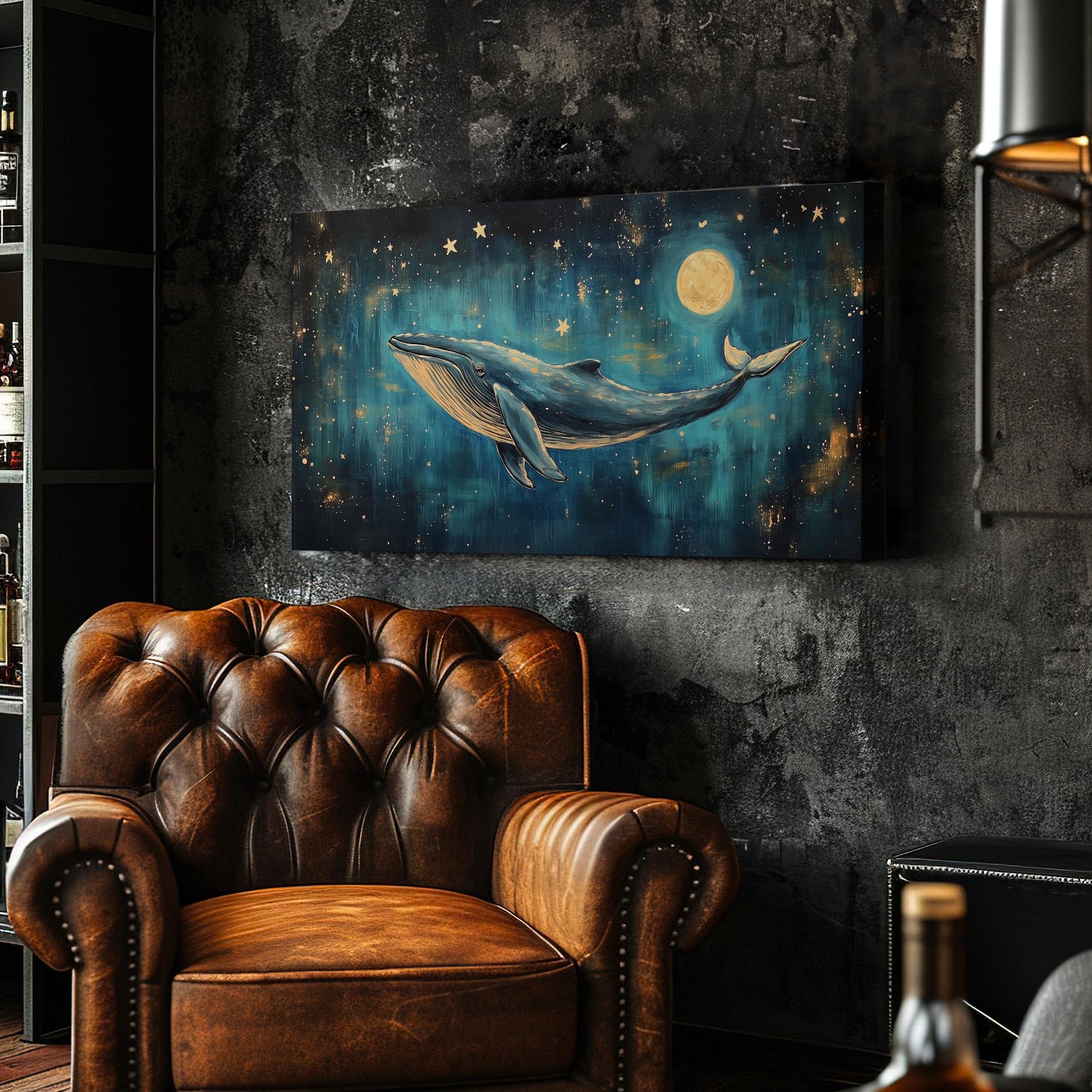 Whale Swimming In The night Sky Wall Art For Bedroom, Horizontal Nursery Ocean Canvas Print, Minimalist Blue Decor Canvas Art