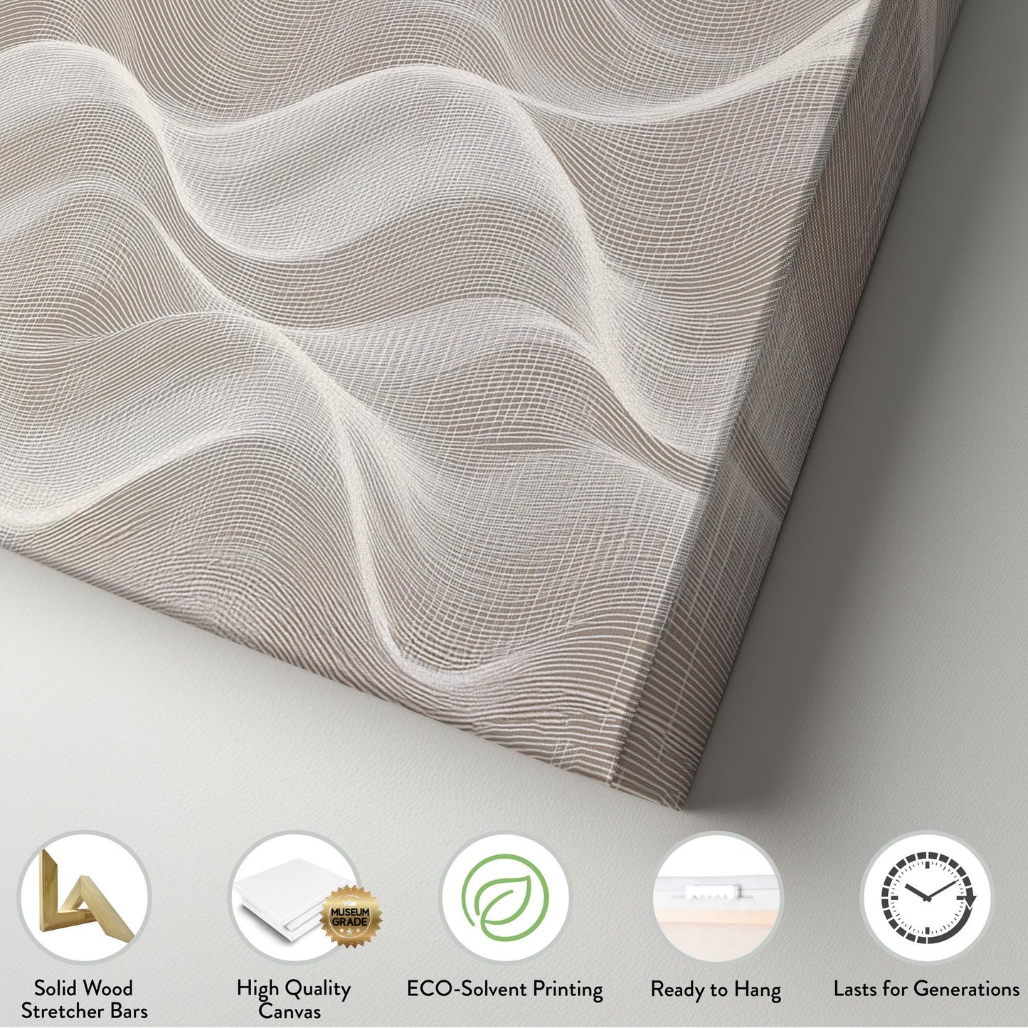 Veil of Waves Wall Art Above Couch, Horizontal Beige and White Canvas Print, Earthy Tones Decor Canvas Art