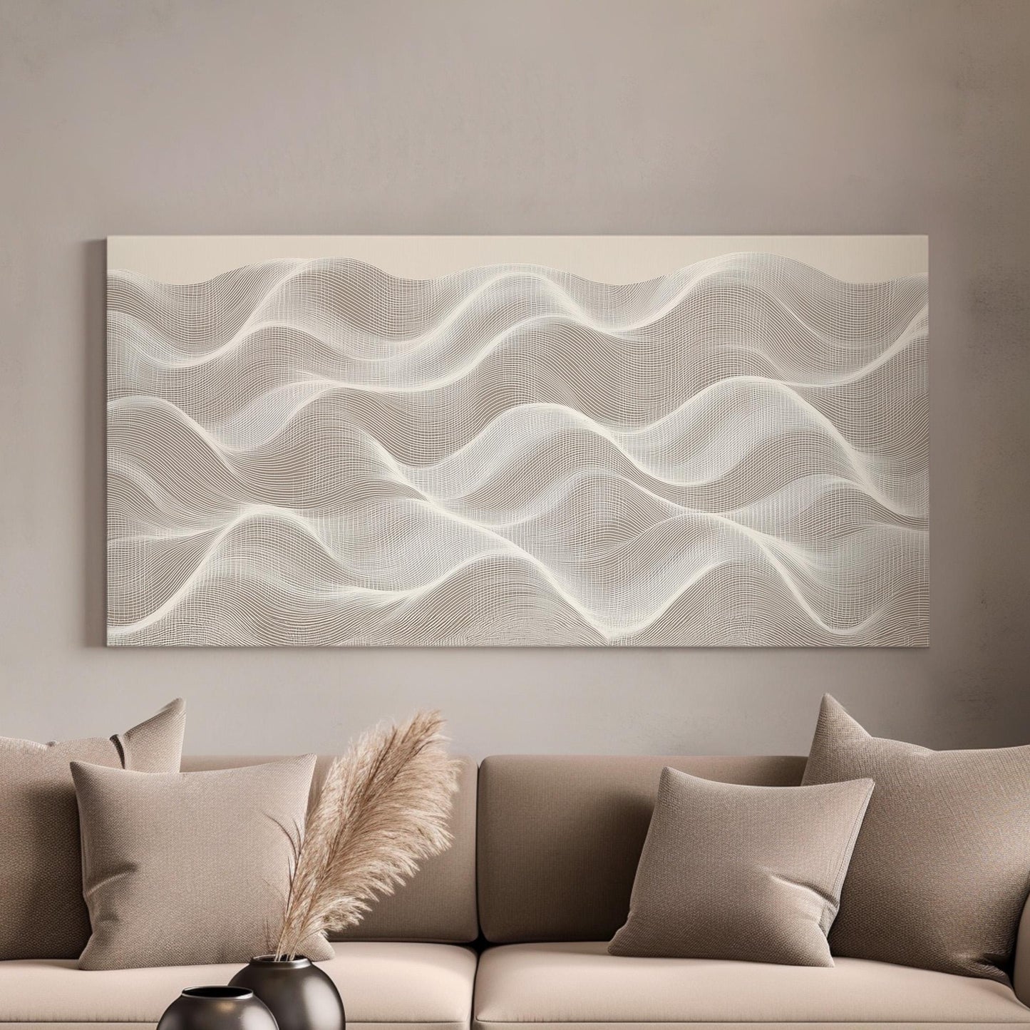 Veil of Waves Wall Art Above Couch, Horizontal Beige and White Canvas Print, Earthy Tones Decor Canvas Art