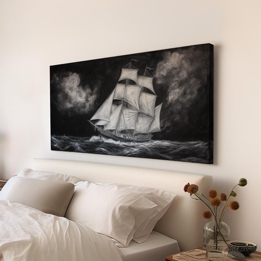 Pirate Ship Drawing Wall Art Wild Seas, Horizontal Nautical Vibes Canvas Print, Foggy Sea Decor Canvas Art