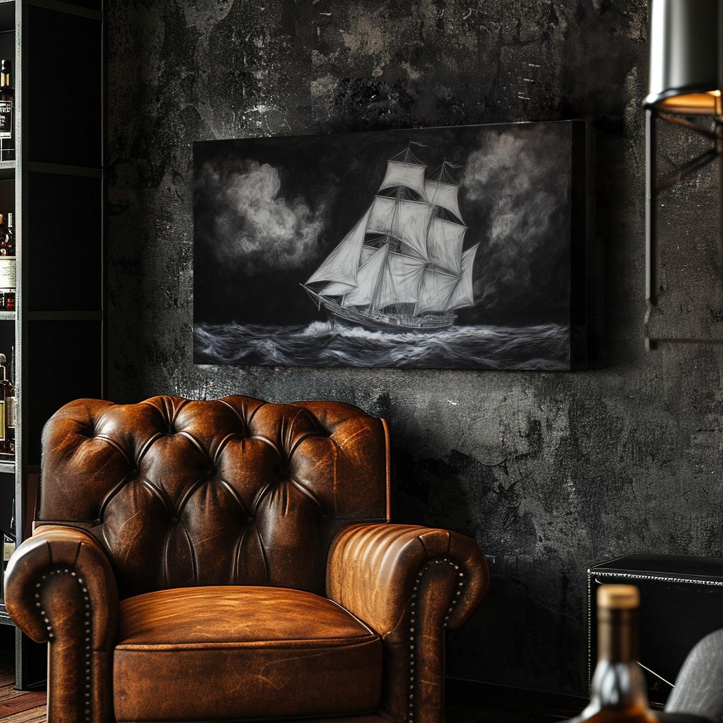 Pirate Ship Drawing Wall Art Wild Seas, Horizontal Nautical Vibes Canvas Print, Foggy Sea Decor Canvas Art