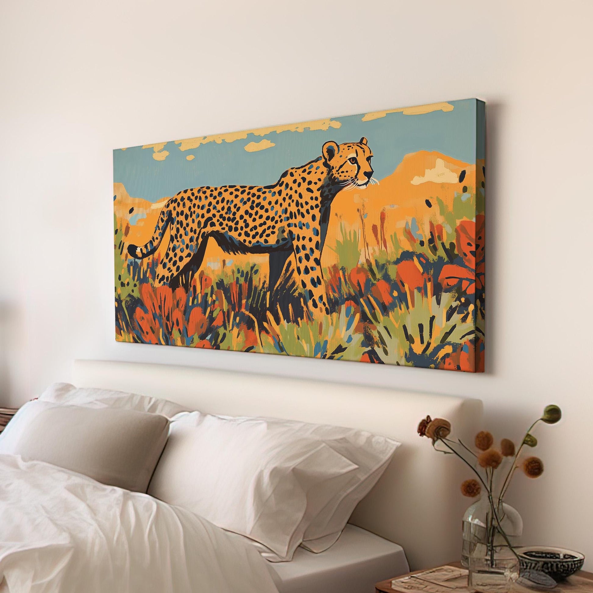 Minimalistic Cheetah Wall Art For Living Room, Horizontal Jungle Vibes Canvas Print, Savanna Decor Canvas Art