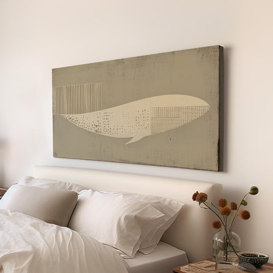 Minimalist Whale Drift Wall Art Above Bed, Horizontal Nautical Flow Canvas Print, Boho Coastal Decor Canvas Art
