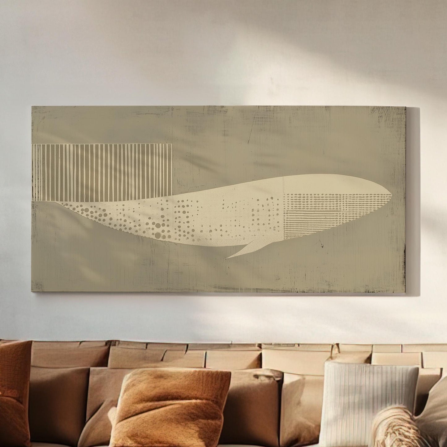 Minimalist Whale Drift Wall Art Above Bed, Horizontal Nautical Flow Canvas Print, Boho Coastal Decor Canvas Art