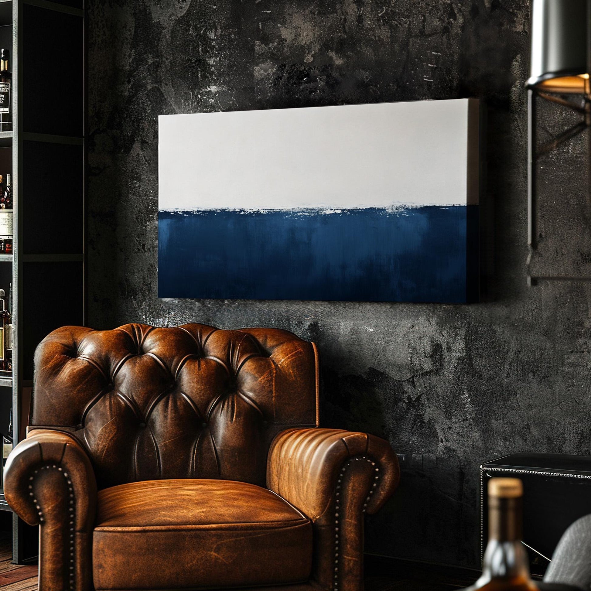 Minimal Ocean Scene Wall Art Blue White, Horizontal Dual Tone Canvas Print, Sea Calm Decor Canvas Art
