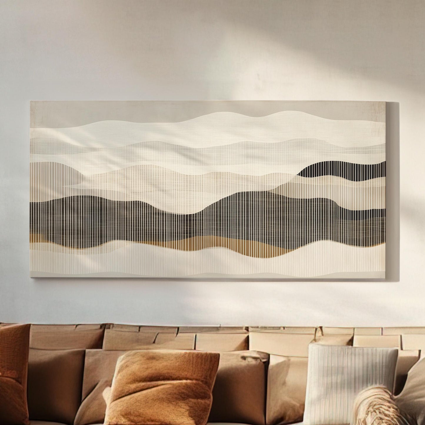 Layered Horizons Wall Art For Bedroom, Horizontal Beige Boho Canvas Print, Scandinavian Decor Canvas Art