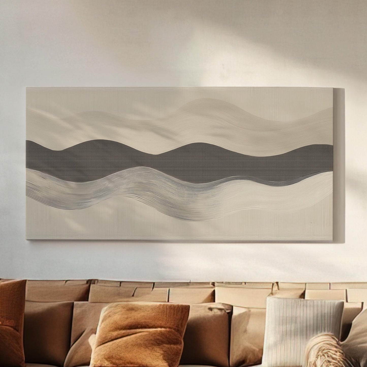 Harmonic Currents Wall Art For Studio, Horizontal Soft Beige Canvas Print, Scandinavian Decor Canvas Art