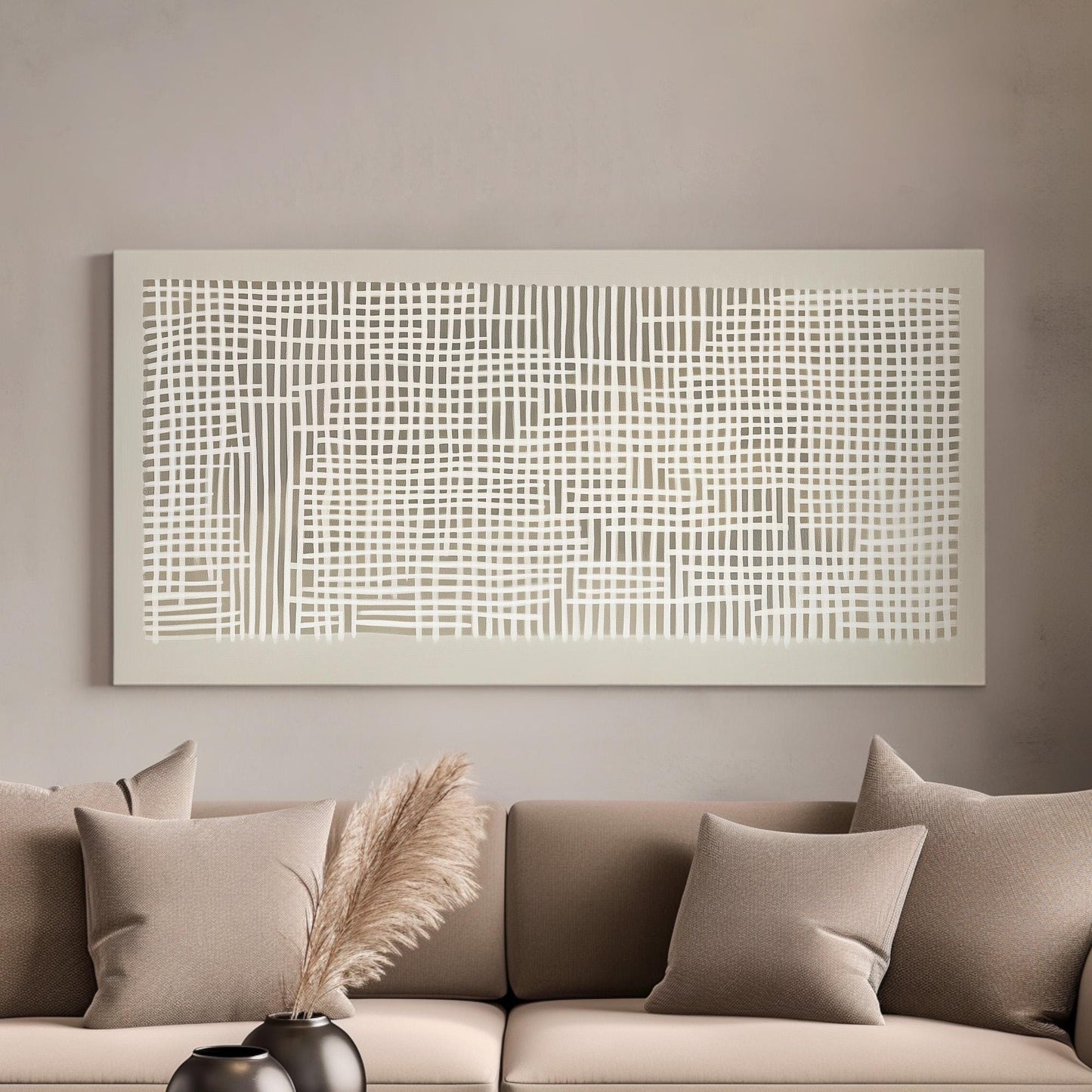 Grey Natural Rug Pattern Wall Art For Living Room, Horizontal Farmhouse Canvas Print, Line Art Decor Canvas Art