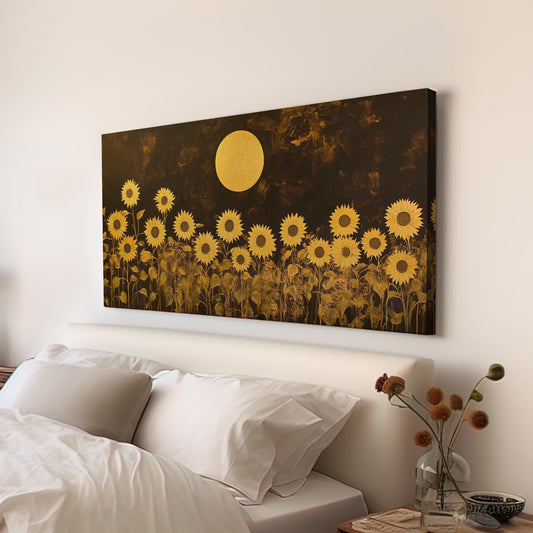 Golden Sunflowers Wall Art Above Bed, Horizontal Warm Sun Canvas Print, Minimal Abstract Decor Canvas Art