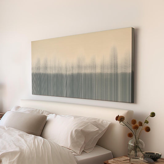 Ethereal Forest Misty Wall Art Above Bed, Horizontal Abstract Woodland Canvas Print, Nordic Tones Decor Canvas Art