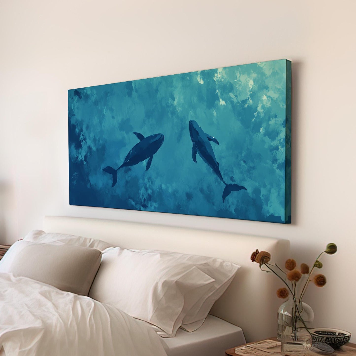 Blue Whale Couple Wall Art For Bedroom, Horizontal Nursery Ocean Canvas Print, Minimalist Blue Decor Canvas Art