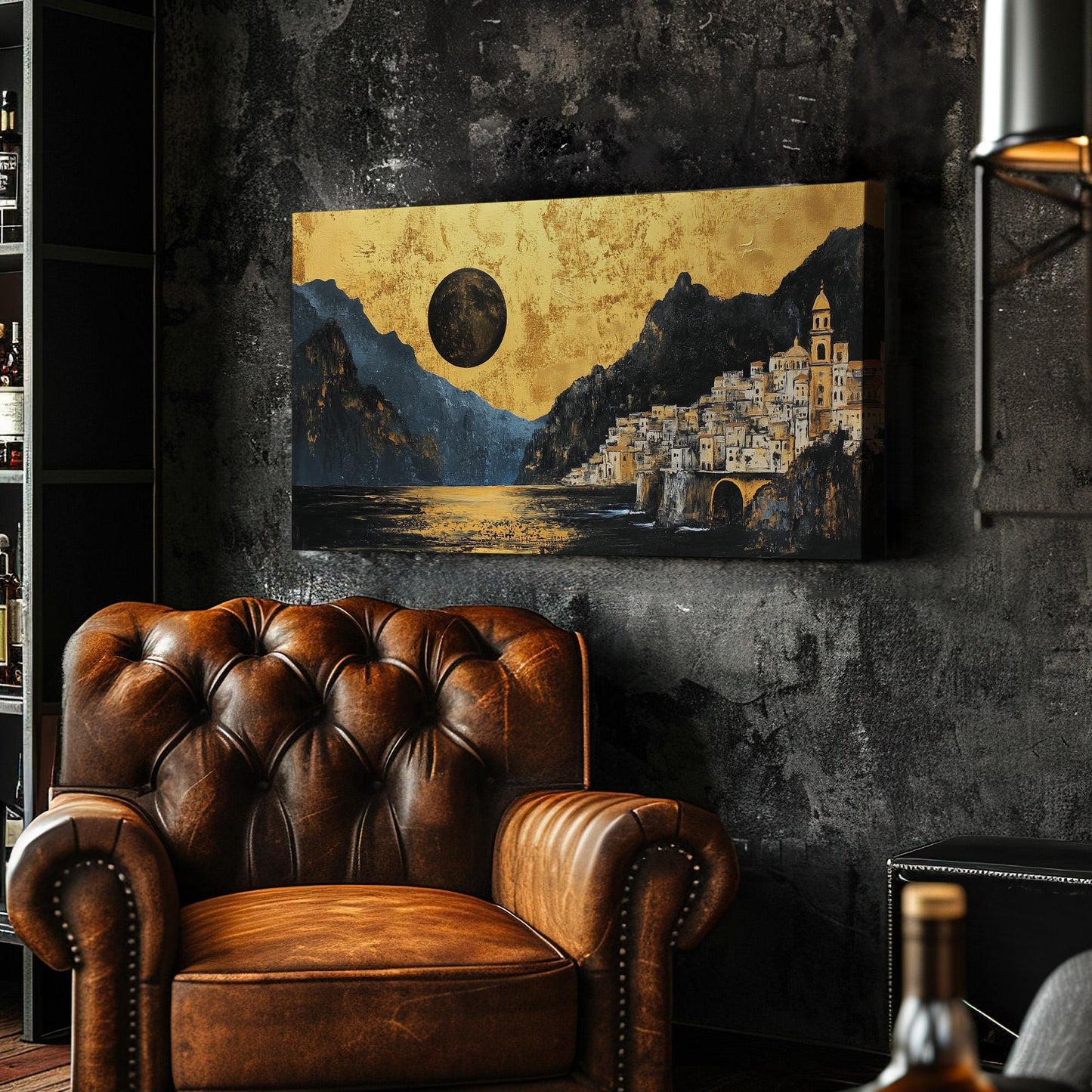 Amalfi Coast Golden Night Wall Art For Living Room, Horizontal Italian Canvas Print, Full Moon Decor Canvas Art