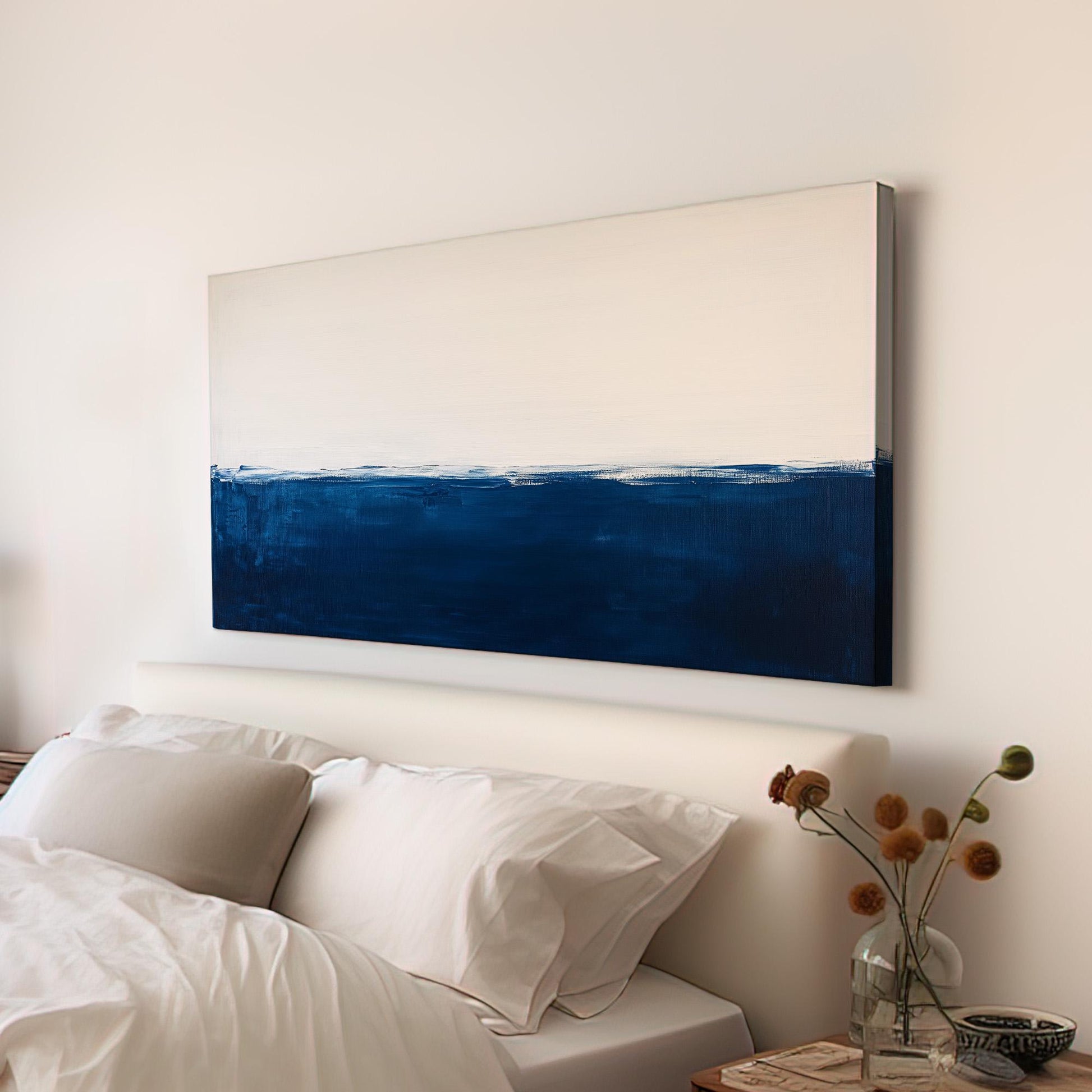 Abstract Blue Ocean Wall Art Dual Tone, Horizontal Minimal Sea Canvas Print, Moody Vibes Decor Canvas Art