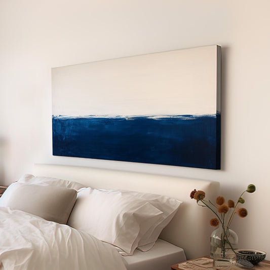 Abstract Blue Ocean Wall Art Dual Tone, Horizontal Minimal Sea Canvas Print, Moody Vibes Decor Canvas Art