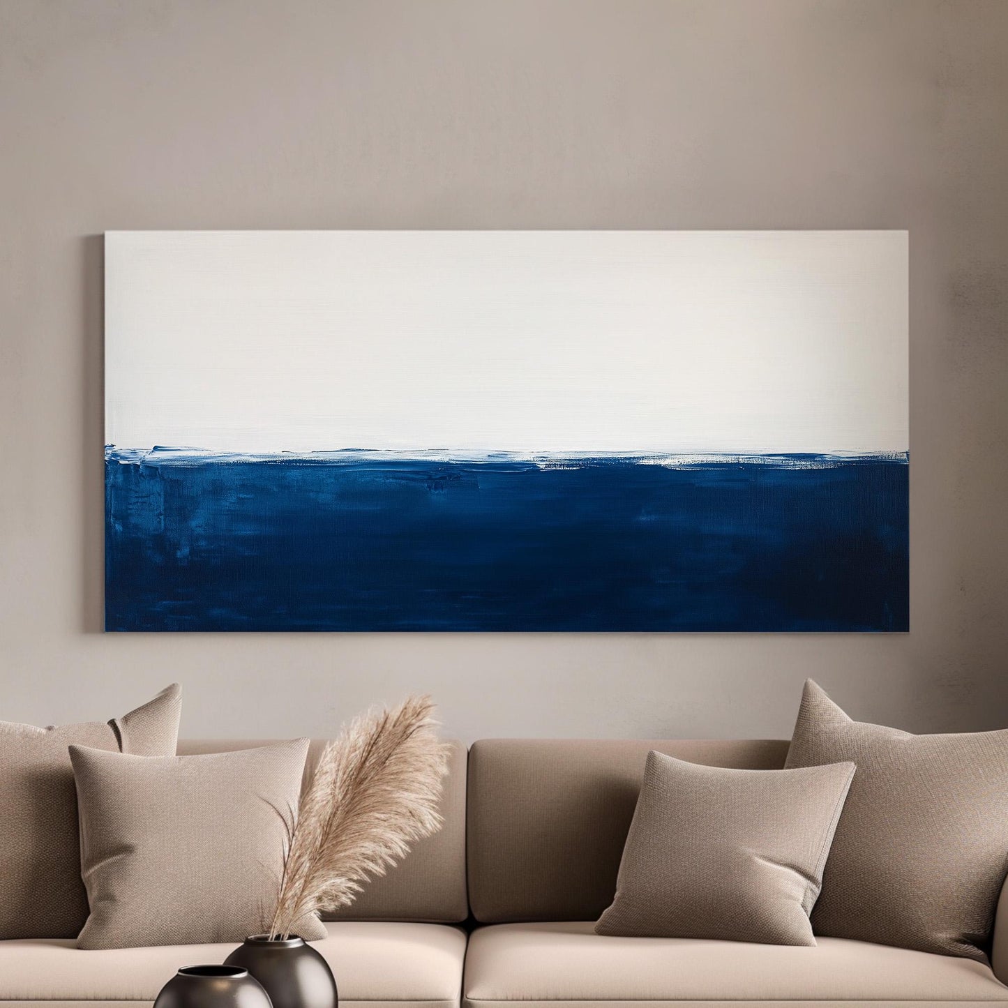 Abstract Blue Ocean Wall Art Dual Tone, Horizontal Minimal Sea Canvas Print, Moody Vibes Decor Canvas Art