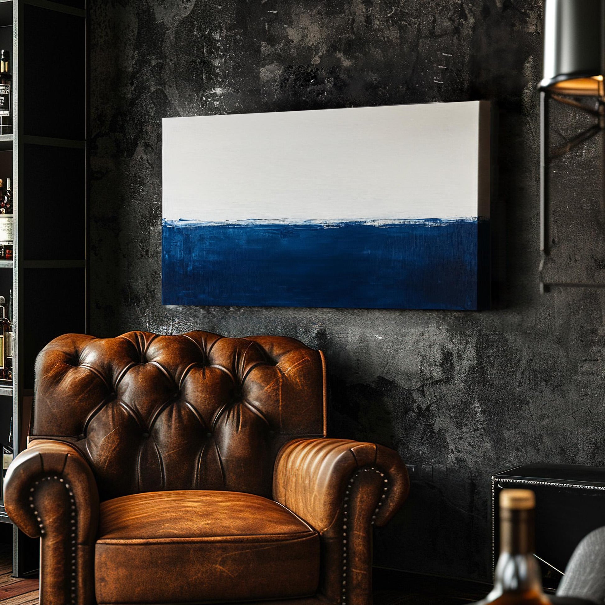 Abstract Blue Ocean Wall Art Dual Tone, Horizontal Minimal Sea Canvas Print, Moody Vibes Decor Canvas Art