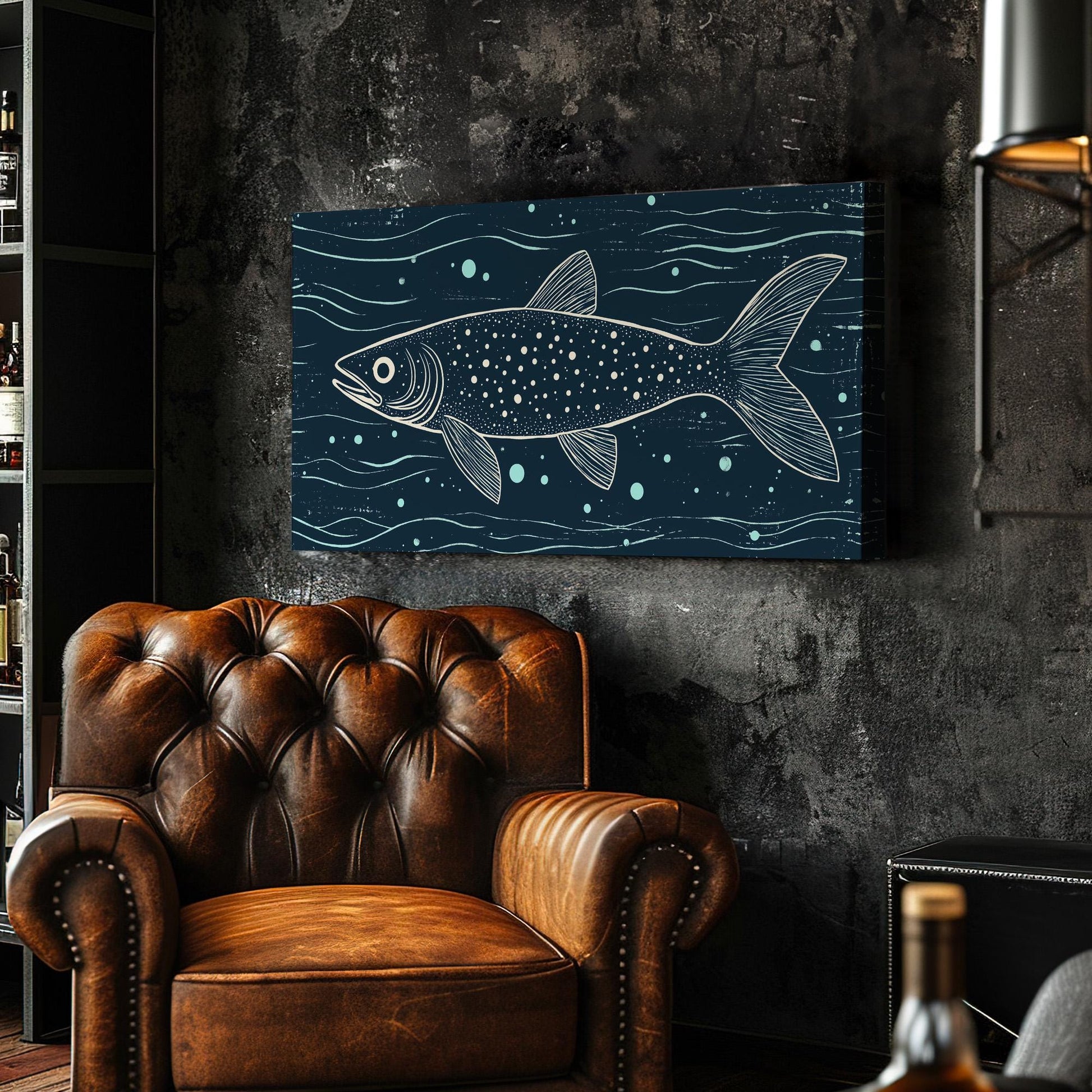 Arctic Char Minimal Wall Art Above Desk, Horizontal Fishing Shack Canvas Print, Boathouse Decor Canvas Art