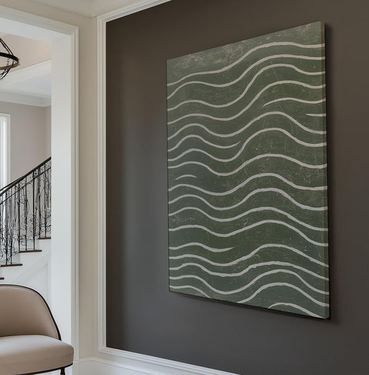 Sage Green Abstract Wall Art For Living Room, Vertical Nature Inspired Canvas Print, Japandi Waves Decor Canvas Art