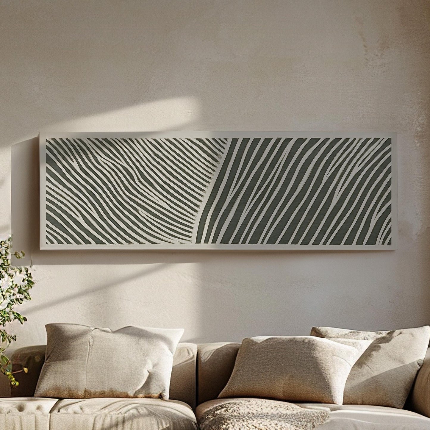 Zen Wave Pattern Panoramic Art Above Bed, Canvas Sage Green Wall Art Print, Scandi Boho Decor Canvas Art
