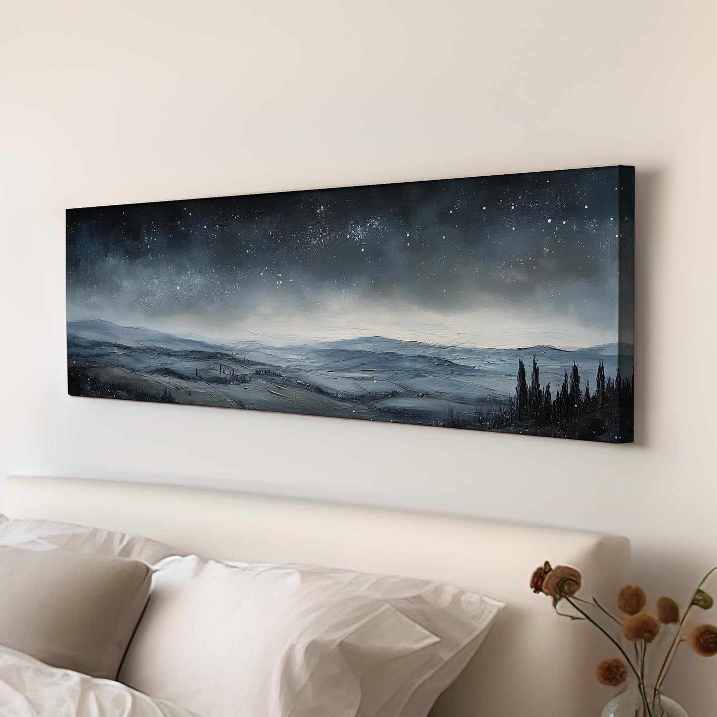 Starry Sky Over Tuscany Panoramic Art Above Bed, Canvas Vineyard Wall Art Print, Pastoral Decor Canvas Art