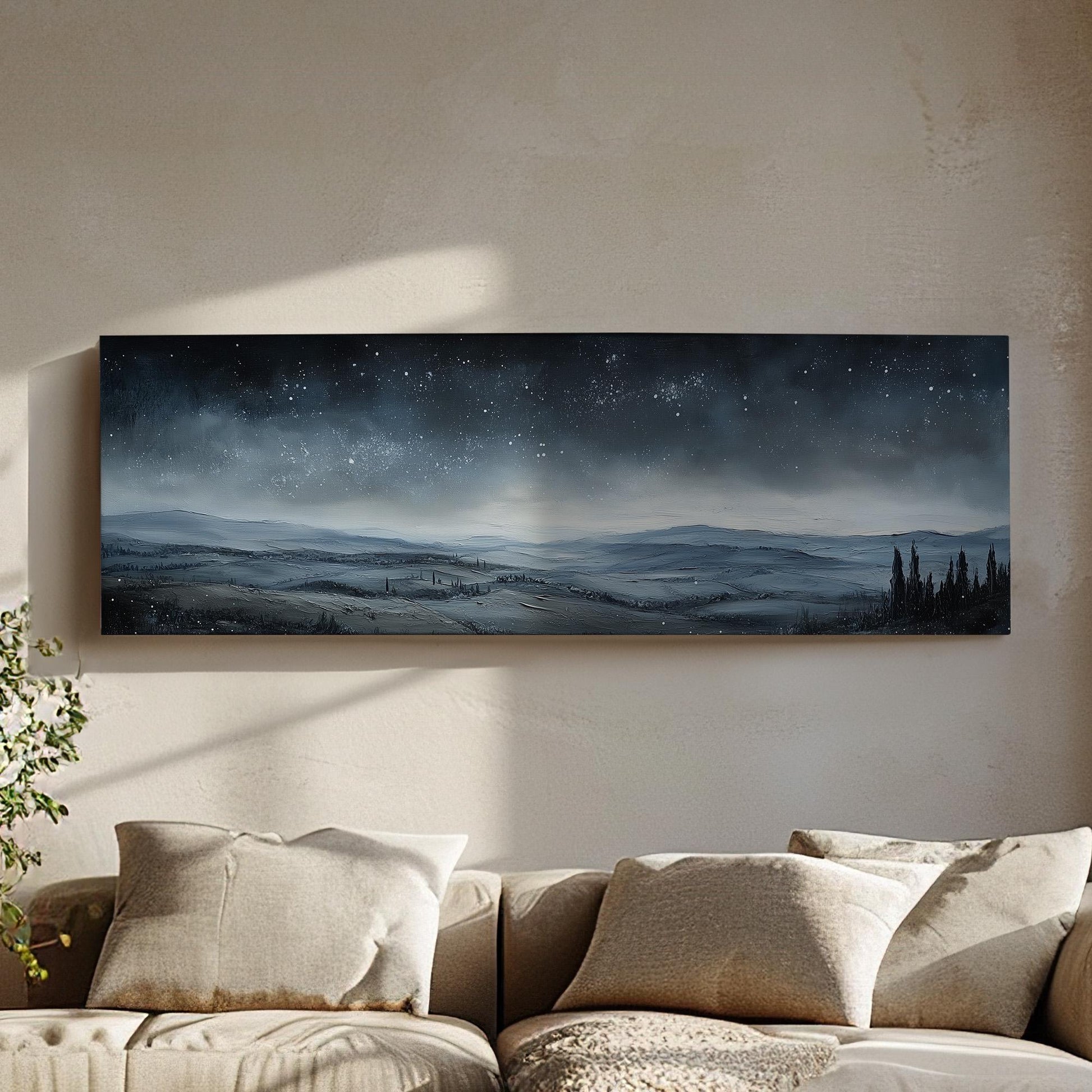 Starry Sky Over Tuscany Panoramic Art Above Bed, Canvas Vineyard Wall Art Print, Pastoral Decor Canvas Art