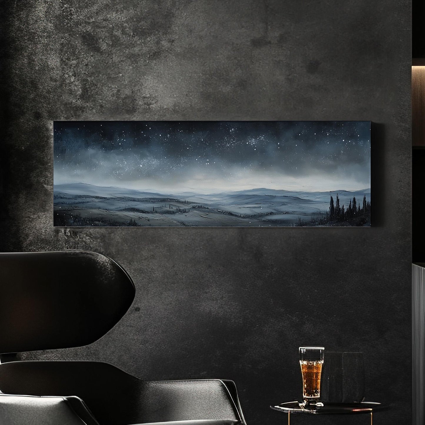 Starry Sky Over Tuscany Panoramic Art Above Bed, Canvas Vineyard Wall Art Print, Pastoral Decor Canvas Art