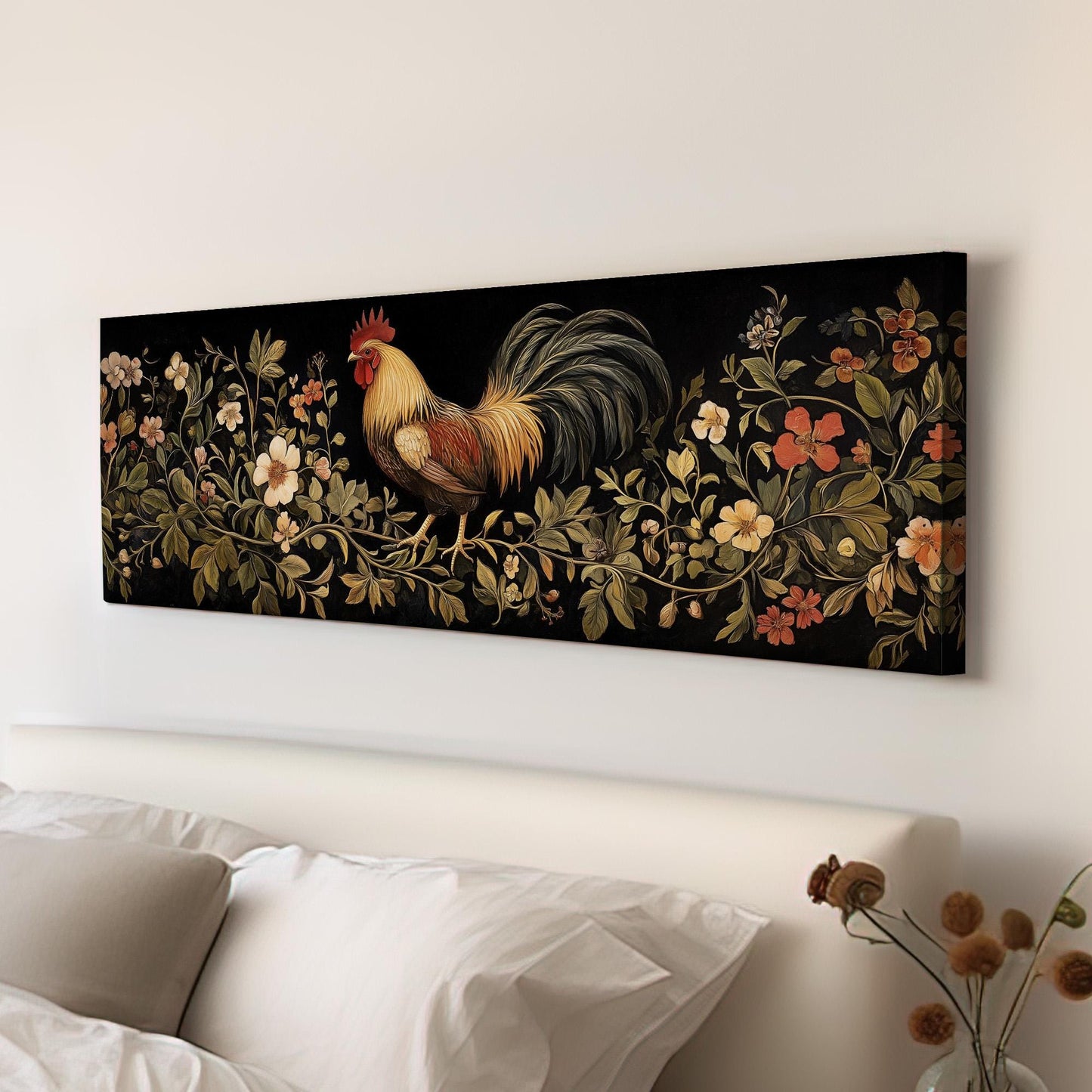 Rooster on a Branch Panoramic Art Rustic Farmhouse, Canvas Homestead Wall Art Print, Chicken Coup Decor Canvas Art