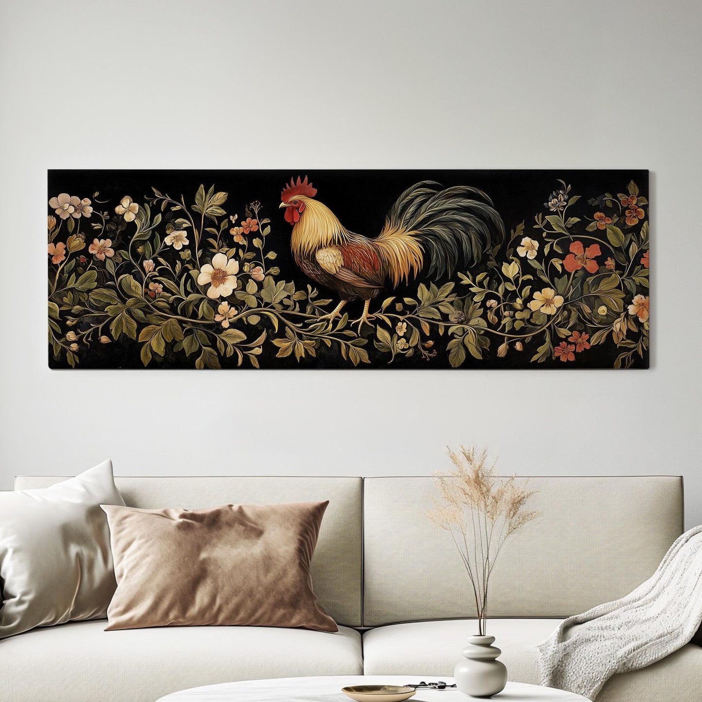 Rooster on a Branch Panoramic Art Rustic Farmhouse, Canvas Homestead Wall Art Print, Chicken Coup Decor Canvas Art