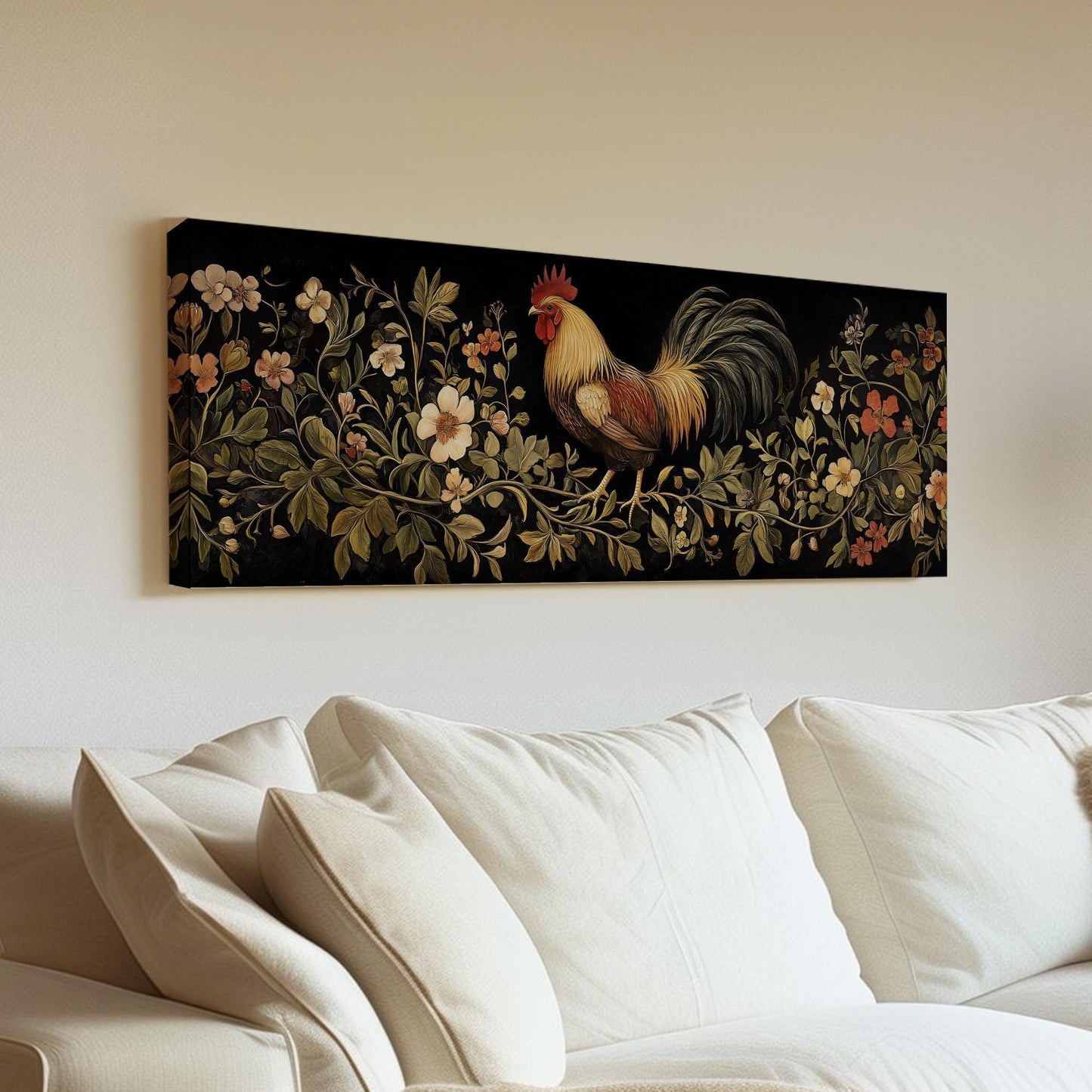 Rooster on a Branch Panoramic Art Rustic Farmhouse, Canvas Homestead Wall Art Print, Chicken Coup Decor Canvas Art